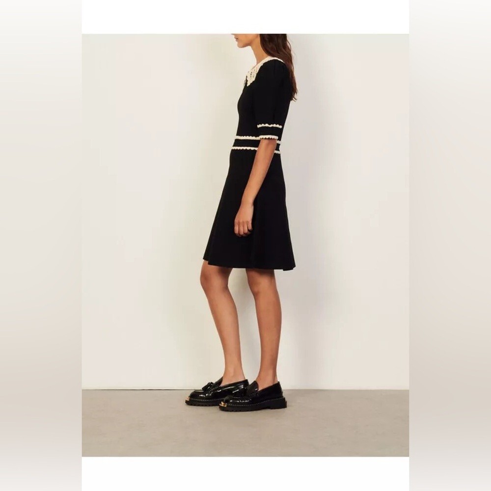 Sandro Dress Women's Size 40 FR Black Knit Collar Crochet Lace A-Line Skirt - Picture 7 of 14